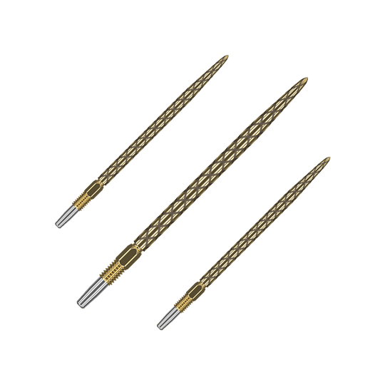 Puntas de dardos Target Swiss Diamond Pro Gold Das Bild zeigt drei goldfarbene Dartspitzen mit einem diamantähnlichen Muster. Die Spitzen sind schlank und haben eine silberne Befestigung am unteren Ende.