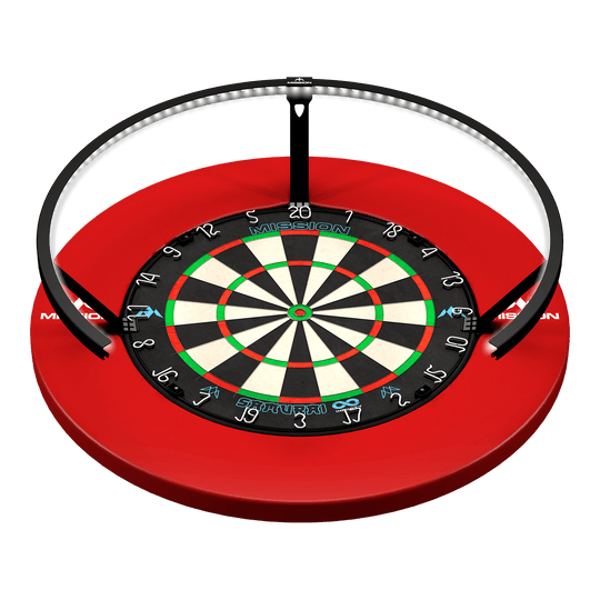 Iluminación LED para diana Mission Torus 270 - Negra Abgebildet ist die Mission Torus 270 LED Dartboard Beleuchtung in Schwarz. Die Beleuchtung sorgt für optimale Ausleuchtung des Dartboards.