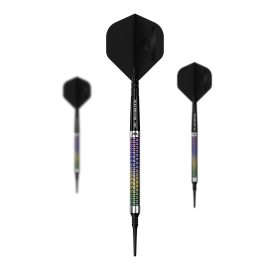 Dardos blandos Mission Kaleidos - 19 g Mission Kaleidos Softdarts - 19g wird als Set auf dem Bild präsentiert. Mehrere Softdarts sind nebeneinander angeordnet.
