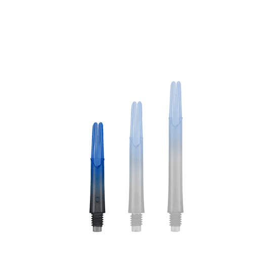 Das Bild zeigt drei unterschiedlich lange Dartschäfte in Blau und Schwarz. Sie stehen nebeneinander und haben ein gerades Design ohne Kappen.