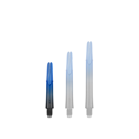 Varilla L-L-Style-Shaft Locked Straight Natural9 de dos tonos - Azul Das Bild zeigt drei unterschiedlich lange Dartschäfte in Blau und Schwarz. Sie stehen nebeneinander und haben ein gerades Design ohne Kappen.