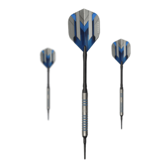 Dardos blandos McDart 85 Tungsten V1 - 17 g Das Bild zeigt drei Softdarts des Modells „McDart 85er Tungsten V1 Softdarts - 17g“. Die Darts haben blaue und silberne Akzente sowie schwarze Spitzen und Flügel.