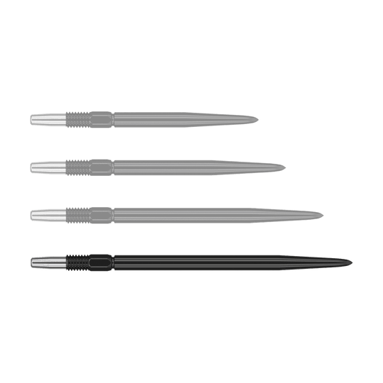 Puntas de dardos Target Swiss Point Black Das Bild zeigt vier schwarze Dartspitzen mit silbernem Gewinde. Sie sind nebeneinander ausgerichtet und identisch in Form und Größe.