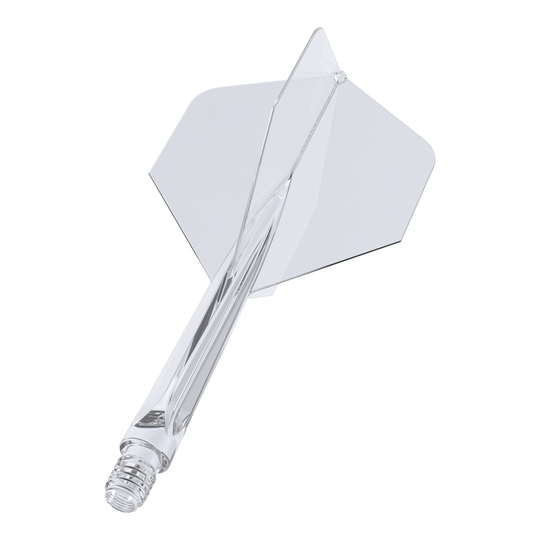 Plumas estándar Unicorn Forge All In One Plus No2, transparentes, medianas Das Bild zeigt einen klaren, mittelgroßen Dartaufsatz des Modells "Unicorn Forge All In One Plus No2 Standard Flights". Die Flight- und Schaftteile sind transparent und bilden ein einteiliges Design.