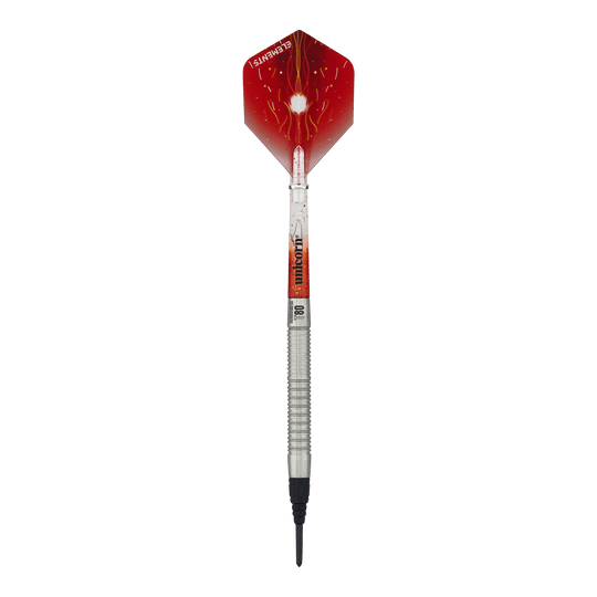 Auf dem Bild ist ein Softdart der Marke Unicorn Core XL Striker Style 1 mit einem Gewicht von 19g zu sehen. Die Flights sind rot mit einem weißen Muster, und der Schaft ist silbern.