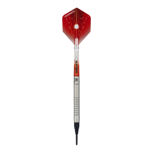 Dardos blandos Unicorn Core XL Striker Style 1 - 19 g Auf dem Bild ist ein Softdart der Marke Unicorn Core XL Striker Style 1 mit einem Gewicht von 19g zu sehen. Die Flights sind rot mit einem weißen Muster, und der Schaft ist silbern.