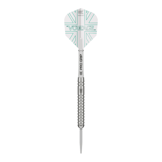 Dardos de acero Target Rob Cross Voltage Swiss Point Das Bild zeigt einen Target Rob Cross Voltage Swiss Point Steeldart. Der Dart hat ein silbernes Design mit dem Schriftzug „VOLTAGE“ auf den Flights.
