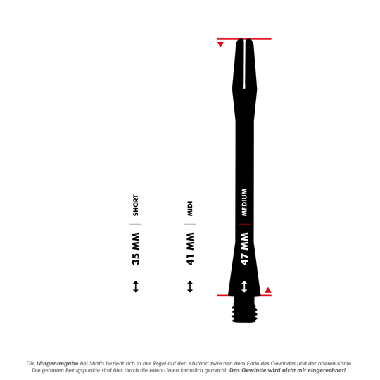HR366_Harrows_Keramic_Shafts_5_47mm Das Bild zeigt drei verschiedene Längen der Harrows Keramic Shafts - Gun Metal: Short (35 mm), Midi (41 mm) und Medium (47 mm). Die Längen werden durch Pfeile und rote Markierungen verdeutlicht, wobei das Gewinde nicht mit eingerechnet ist.