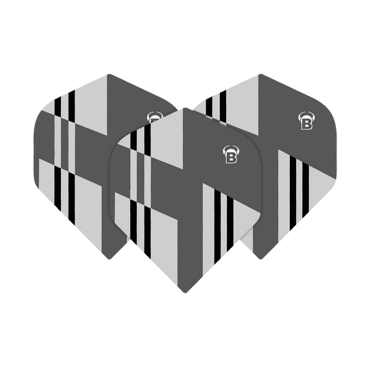 Vuelos estándar Bulls B-Star Tac No2 Das Bild zeigt drei Dart-Flights des Produkts „Bulls B-Star Tac No2 Standard Flights“. Die Flights sind in Grau-, Schwarz- und Weißtönen mit geometrischem Muster gestaltet.