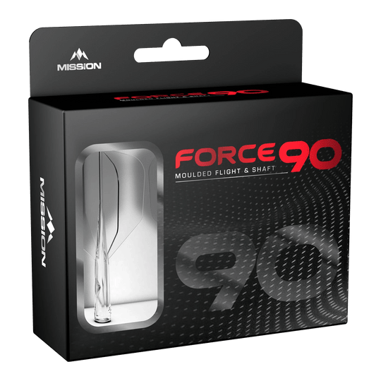 Sistema de eje de vuelo Mission Force 90 No6 - Transparente Die Abbildung zeigt die Verpackung des Produkts „Mission Force 90 No6 Flight-Shaft-System - Clear“. In der schwarzen Box mit Sichtfenster ist das transparente Flight-Shaft-System zu erkennen.