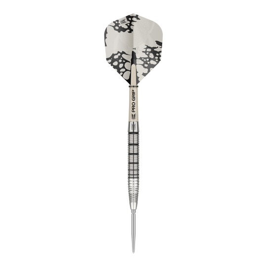 Dardos de acero Target EXO SP02 Swiss Point Das Bild zeigt einen Target EXO SP02 Swiss Point Steeldart. Der Dartpfeil hat ein silbernes Griffstück mit schwarzen Rillen und eine schwarz-weiße Flight.