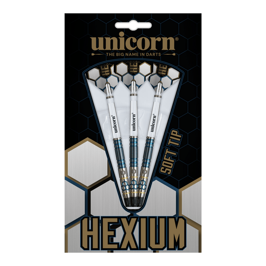 Unicorn Hexium Style 02 Blue & Gold Softdarts - 21g besticht durch sein modernes Design. Die stilvollen Softdarts sind ideal für Dartbegeisterte.