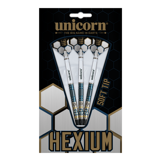 Dardos blandos Unicorn Hexium Style 02 azules y dorados - 21 g Unicorn Hexium Style 02 Blue & Gold Softdarts - 21g besticht durch sein modernes Design. Die stilvollen Softdarts sind ideal für Dartbegeisterte.