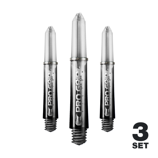 Varillas Target Pro Grip Vision - 3 juegos - Negras Das Bild zeigt drei schwarze Pro Grip Vision Shafts für Darts. Unten rechts steht "3 Set", was auf ein Set mit drei Stück hinweist.