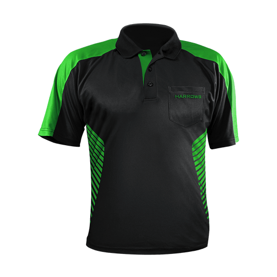 17492-Harrows-Vivid-Dartshirt-Black-Green-1 Das Bild zeigt ein schwarzes Dartshirt mit grünen Akzenten von Harrows. Auf der Brusttasche steht der Schriftzug "Harrows" in grün.