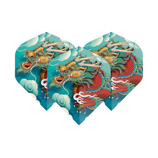 Vuelos de pentatlón Dragón Das Bild zeigt drei Dart-Flights mit einem bunten Drachenmotiv vor einem blauen Himmel mit Wolken. Es handelt sich um das Produkt "Pentathlon Dragon 5 Standard Flights".