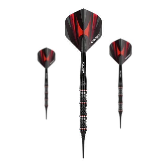 dardos blandos Winmau Mervyn King Edición Especial Das Bild zeigt drei Winmau Mervyn King Special Edition Softdarts. Die Darts haben schwarze und rote Flights sowie ein detailliertes, schwarz-silbernes Griffstück.