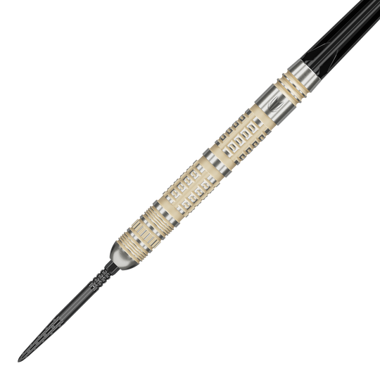 Abgebildet ist das Produkt Target Dimitri Van Den Bergh 95K Swiss Point Steeldarts. Das Bild zeigt die Steeldarts aus einer bestimmten Perspektive.