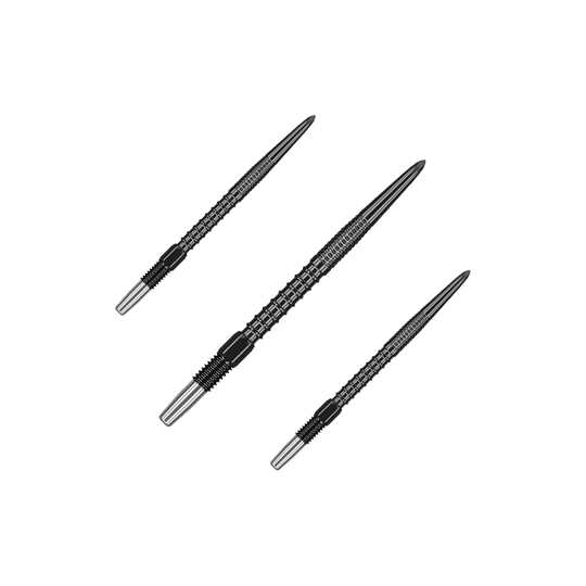 Auf dem Bild sind drei schwarze Dartspitzen zu sehen. Sie sind länglich, metallisch und haben ein geriffeltes Design.