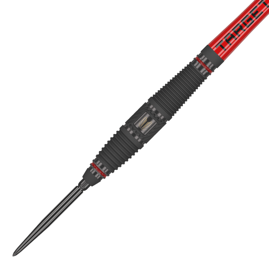 Dardos de acero Target Scope 03 Swiss Point Das Bild zeigt ein Target Scope 03 Swiss Point Steeldart mit schwarzem und rotem Design. Die Oberfläche des Darts ist geriffelt und hat Metallakzente für besseren Halt.