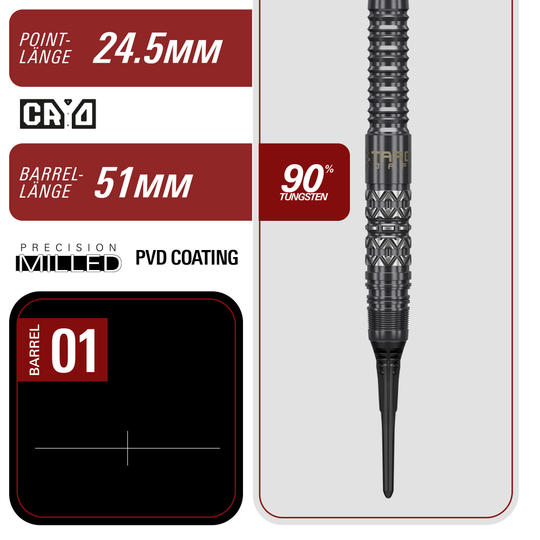 Dardos blandos Target Black Marque Creed - 21,5 g Die Target Black Marque Creed Softdarts mit 21,5g sind auf diesem Foto zu sehen. Sie werden deutlich und von der Seite präsentiert.