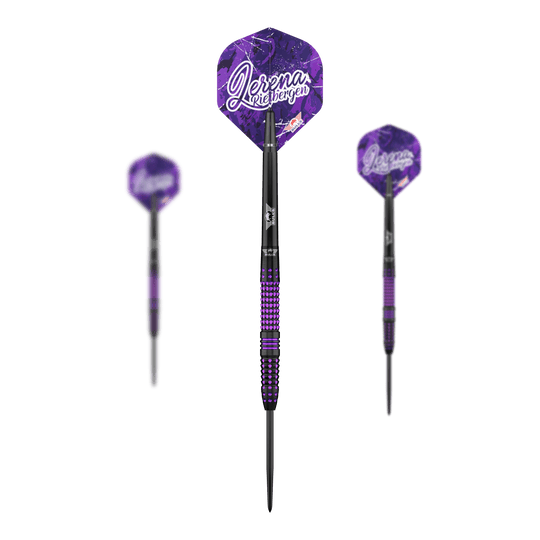 Auf dem Bild sieht man das Set der Bulls NL Lerena Rietbergen Steeldarts - 24g. Die Steeldarts werden vollständig präsentiert.