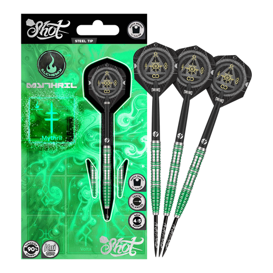 Auf dem Bild sind die Shot Alchemy Mythril Steeldarts komplett zu sehen. Sie überzeugen durch ihre edle Optik.
