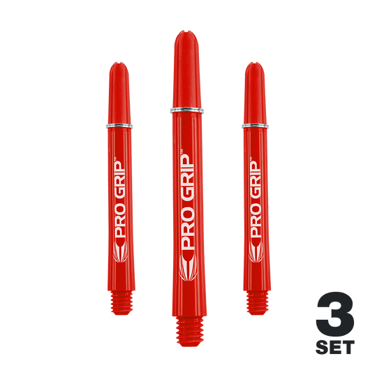 Das Bild zeigt drei rote Pro Grip Shafts für Darts. Unten rechts steht "3 Set", was darauf hinweist, dass es sich um ein Set mit drei Stück handelt.