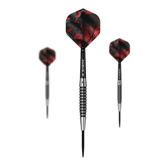 Dardos Mission Kunai de acero PVD negro - 23 g Auf diesem Bild sieht man das Set Mission Kunai Black PVD Steeldarts - 23g. Das Set besteht aus mehreren schwarzen Steeldarts mit einem Gewicht von 23 Gramm.