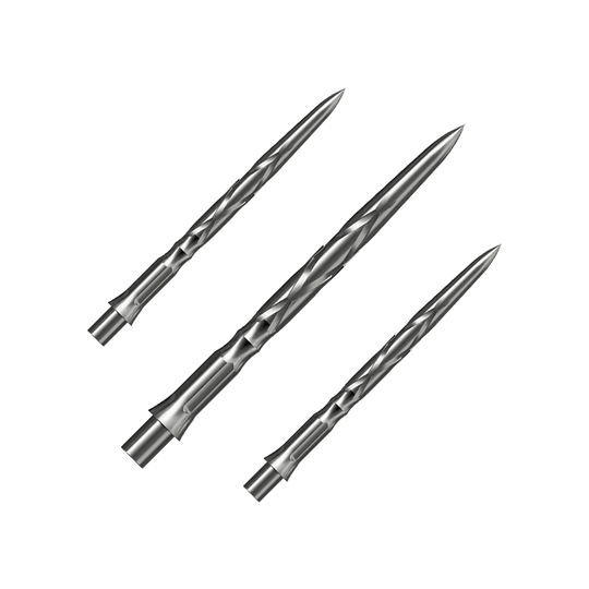 Puntas de dardos de acero Caliburn System - HAN G2 - Plata Das Bild zeigt drei silberne Steeldartspitzen mit einer gedrehten Oberflächenstruktur. Sie sind spitz zulaufend und für den Einsatz in Dartpfeilen geeignet.