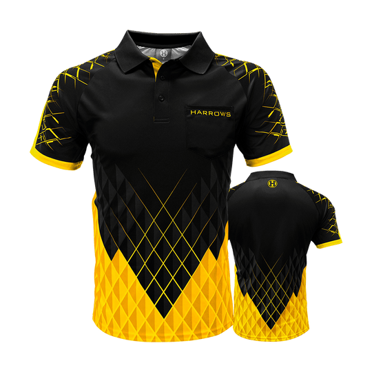 HRS-26517_Harrows_Paragon_Dartshirt_Gelb_0 Das Bild zeigt das Harrows Paragon Dartshirt in Gelb mit schwarzem und gelbem Rautenmuster. Auf der Vorderseite befindet sich ein Brusttasche mit dem Schriftzug "Harrows".
