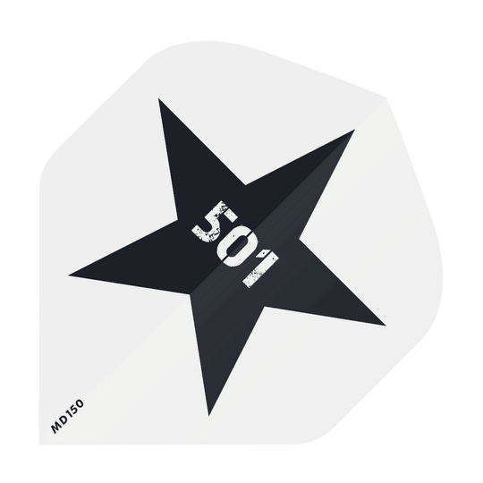 MD-201-Log_2-Seitig_Bedruckte_Flights_Logo_MD150_3 Das Bild zeigt einen schwarzen Stern auf weißem Hintergrund. In der Mitte des Sterns steht die Zahl "501" in weißer, abgenutzter Schrift.
