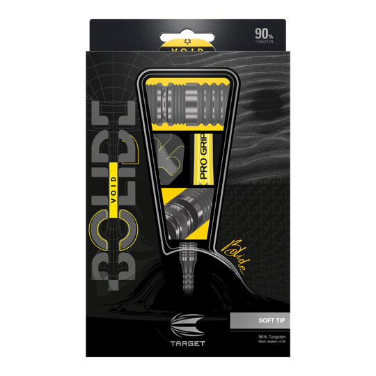 Dardos blandos Target Bolide Void 10 Das Bild zeigt die Verpackung der "Target Bolide Void 10 Softdarts". Die Verpackung ist schwarz-gelb gestaltet und hebt die Darts mit 90% Tungsten-Anteil hervor.