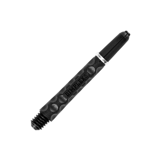 Harrows Dimplex Shafts - Schwarz Das Bild zeigt einen schwarzen Dartshaft mit einer strukturierten Oberfläche. Auf dem Schaft steht das Wort "DIMPLEX" und er ist etwa 41 mm lang.