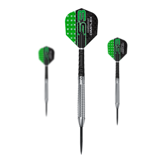 Dardos de acero cónicos Harrows Dimplex S3 Das Bild zeigt drei Steeldarts der Marke "Harrows Dimplex S3 Tapered". Die Flights sind schwarz-grün und die Barrel sind silberfarben mit einer geriffelten Struktur.