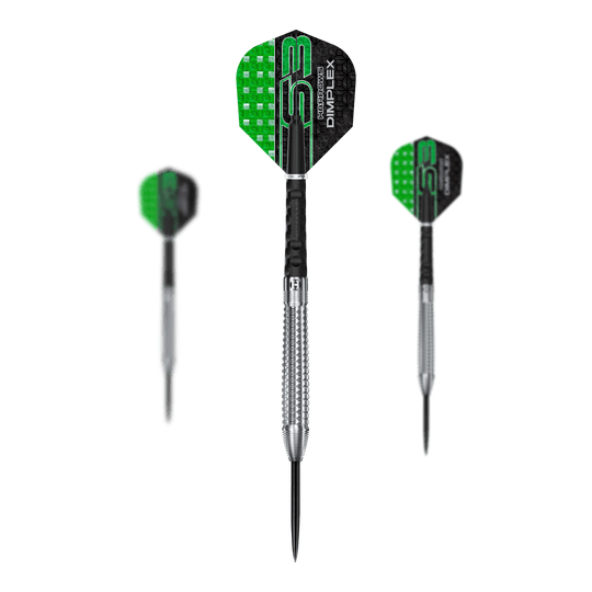 Dardos de acero cónicos Harrows Dimplex S3 Harrows Dimplex S3 Tapered Steeldarts sind als Set abgebildet. Die Oberfläche ist klar strukturiert.