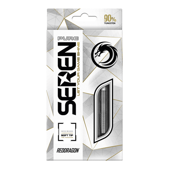 Dardos blandos Red Dragon Seren 3 Pure - 20 g Die Abbildung zeigt die Verpackung der "Red Dragon Seren 3 Pure Softdarts - 20g". Auf der Vorderseite steht, dass die Darts 90% Tungsten enthalten und für Soft-Tip geeignet sind.