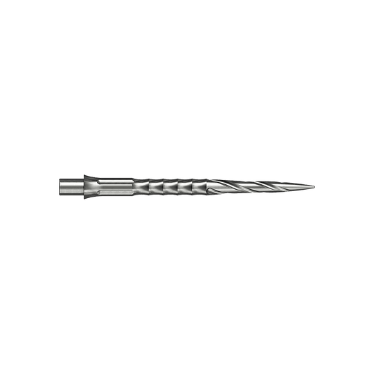 Puntas de dardos de acero Caliburn System - Spiro - NoLip - plateadas Zwei silberne Steeldartspitzen werden gezeigt. Sie sind 32 mm lang und gehören zum Spiro NoLip Design.