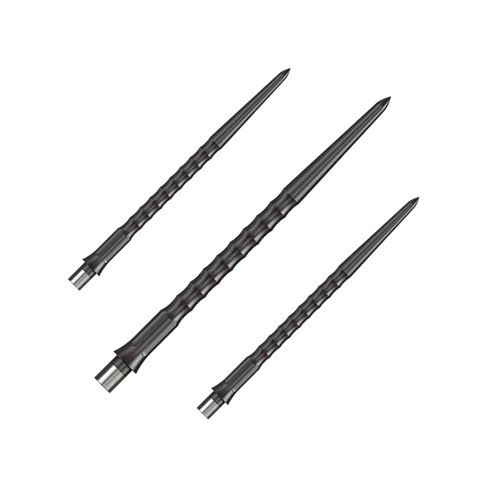 Puntas Steeldart del sistema Caliburn - Ondulada - Sin labio - Negras Das Foto zeigt ein Set schwarzer Caliburn Evo System Steeldartspitzen mit 40 mm Länge. Es sind mehrere Spitzen nebeneinander abgebildet.