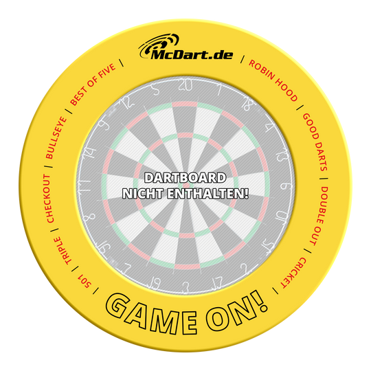 Das Bild zeigt das Produkt mit dem Dateinamen MSF-B4_McDart_Game_On_Dartboard_Surround_Gelb_3. Es ist ein Dartboard-Surround in Gelb.