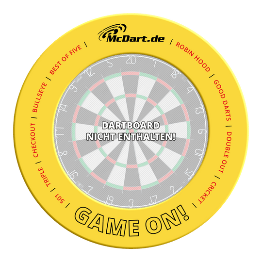 Juego de dardos McDart en la diana Das Bild zeigt das Produkt mit dem Dateinamen MSF-B4_McDart_Game_On_Dartboard_Surround_Gelb_3. Es ist ein Dartboard-Surround in Gelb.