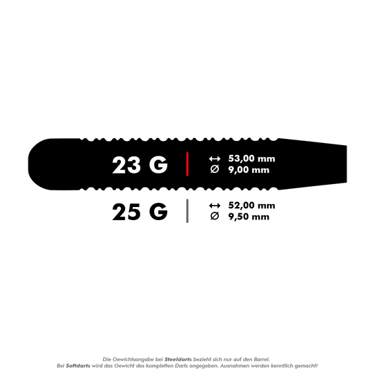 27661_Unicorn_Black_Brass_Gary_Anderson_V1_Steeldarts_5_23g Das Bild zeigt die Maße der Unicorn Black Brass Gary Anderson V1 Steeldarts. Die Darts sind in 23 g mit 53 mm Länge und 9 mm Durchmesser sowie in 25 g mit 52 mm Länge und 9,5 mm Durchmesser erhältlich.