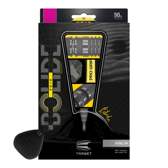 Dardos de acero Target Bolide Void 03 Swiss Point Das Bild zeigt die Verpackung der "Target Bolide Void 03 Swiss Point Steeldarts". Die Darts bestehen zu 90 % aus Tungsten und haben eine Stahspitze.