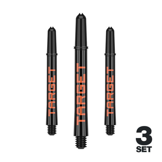 Varillas Target Pro Grip TAG - 3 juegos - Negro Naranja Das Bild zeigt drei schwarze Dartschäfte mit orangefarbener Aufschrift "TARGET". In der rechten unteren Ecke steht "3 SET".