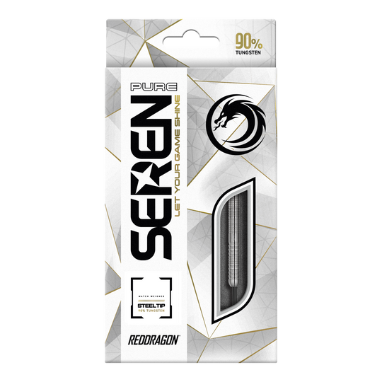 Red Dragon Seren 1 Dardos de acero puro Die Verpackung zeigt das Produkt "Red Dragon Seren 1 Pure Steeldarts". Auf der Vorderseite wird hervorgehoben, dass die Darts aus 90% Tungsten bestehen.