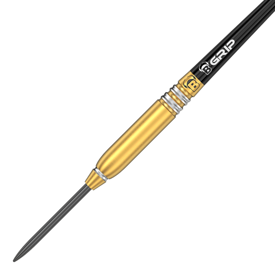 Bulls Patrick Geeraets Dardos de acero - 23g Das Bild zeigt einen Bulls Patrick Geeraets Steeldart mit einem Gewicht von 23 Gramm. Der Dart hat einen goldfarbenen Barrel und einen schwarzen Schaft mit der Aufschrift "GRIP".