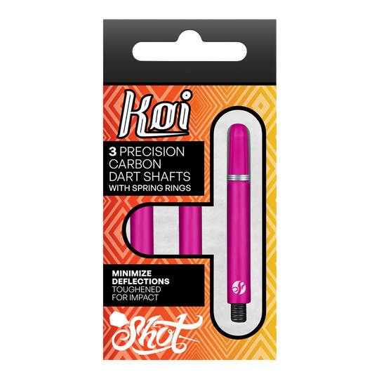 Flechas de carbono Shot Koi - Rosa Auf dem Bild ist eine Verpackung mit drei pinkfarbenen Präzisions-Carbon-Dartschäften zu sehen. Die Schäfte sind für minimale Ablenkungen und erhöhte Schlagfestigkeit ausgelegt.