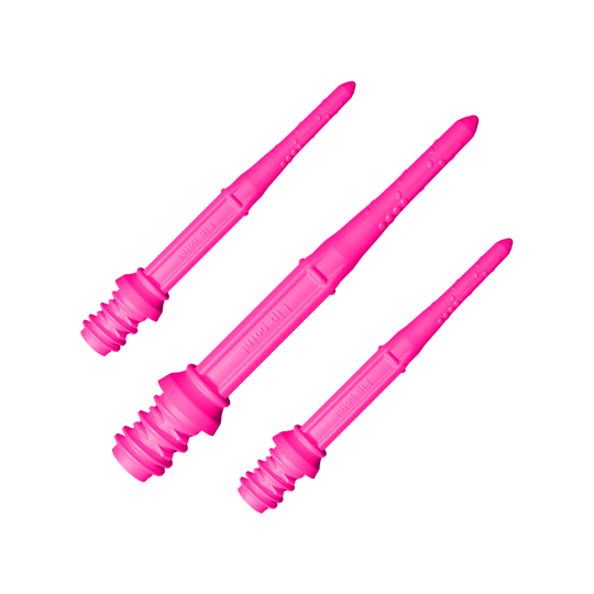Das Bild zeigt drei pinke Dartspitzen des Produkts "L-Style Premium Lippoints 30 (30er Pack) - 30mm". Sie sind länglich und haben eine strukturierte Oberfläche.