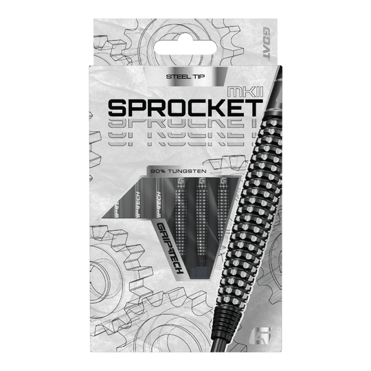 Dardos de acero torpedo GOAT Sprocket MKII GOAT Sprocket MKII Torpedo Steeldarts sind auf diesem Bild dargestellt. Sie zeichnen sich durch ihre besondere Form und Verarbeitung aus.