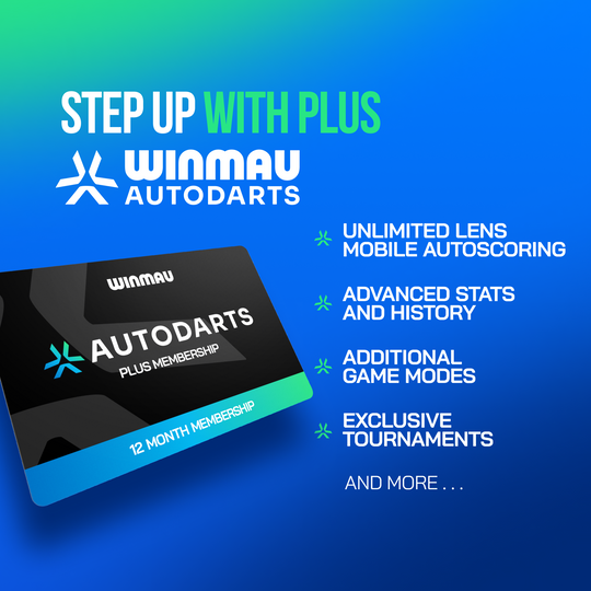 Soporte para dispositivo Winmau Autodarts y paquete de membresía de 12 meses Das Produktbild zeigt das Winmau Device Stand & 12 Monate Membership Bundle. Es kombiniert einen Dart-Geräteständer mit einem Mitgliedschaftspaket für zwölf Monate.